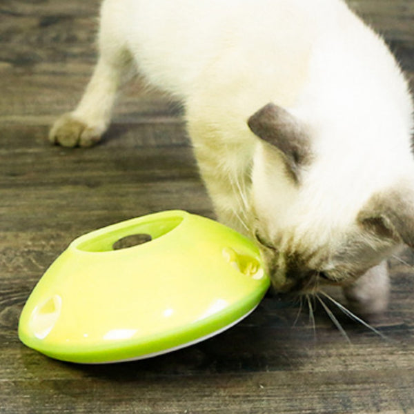 Green and white pet toy, a round food dispenser with multiple openings and a central spinning element for cats.