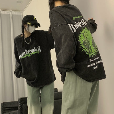 Camiseta Manga Larga de Algodón Puro con Estampado Retro Desgastado