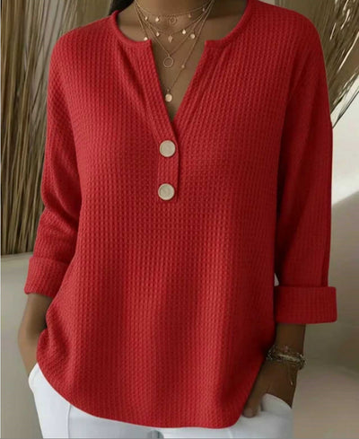 Blusa Suelta de Punto Waffle con Cuello V y Manga Larga - Image 16