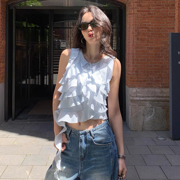 Blusa Sin Mangas con Volantes Irregulares para Mujer