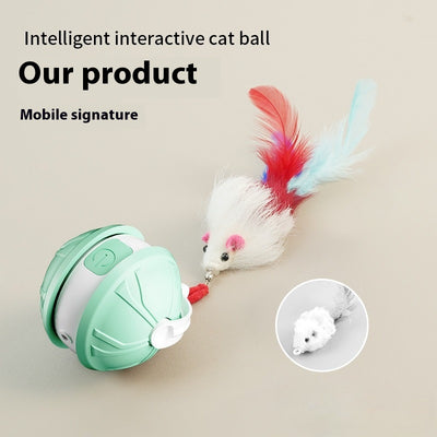 Green and white electric intelligent pet laser toy ball with power button, shown with mouse and worm attachments. - Image 13