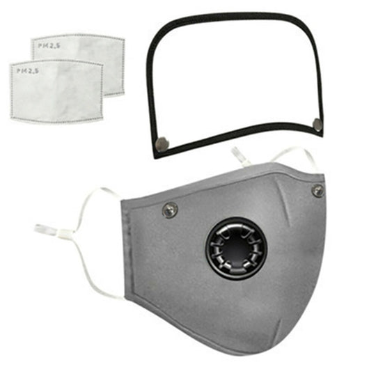 Gray cotton face mask with a breathing valve, adjustable ear loops, and a detachable clear face shield. Includes two PM2.5 filters. - Image 4