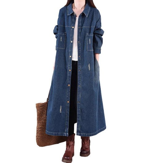 Abrigo Denim Tipo Trench Suelto Retro Desgastado Largo Medio - Image 5