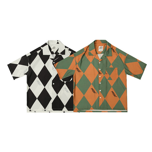 Camisa Hawaiana Asimétrica de Manga Corta con Estampado Diamante
