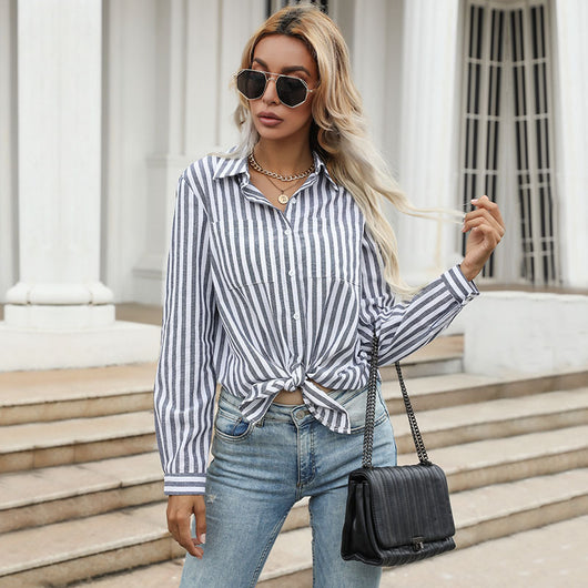 Camisa de Rayas Verticales con Solapa para Mujer - Estilo Europeo - Image 11