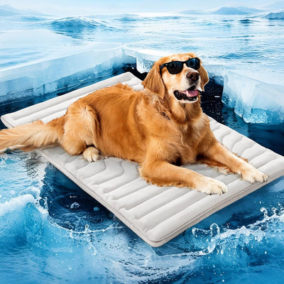 Golden retriever wearing sunglasses on a light gray quilted pet cooling mat, floating on icy blue water.