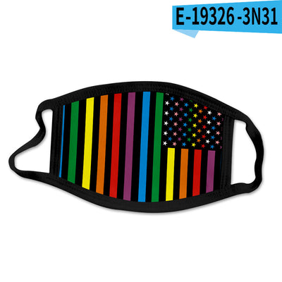 Rainbow camouflage face mask with horizontal stripes of red, orange, yellow, green, and blue, bordered by black fabric. - Image 16