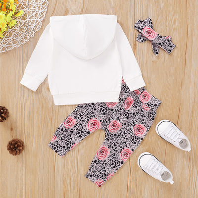 Conjunto de Sudadera con Capucha y Pantalón Blanco para Bebé con Diseño Floral - Image 6
