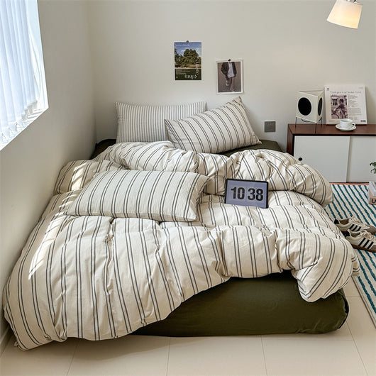 Juego de Cama Retro Japonés de Algodón con Rayas Clásicas - 4 Piezas - Image 9