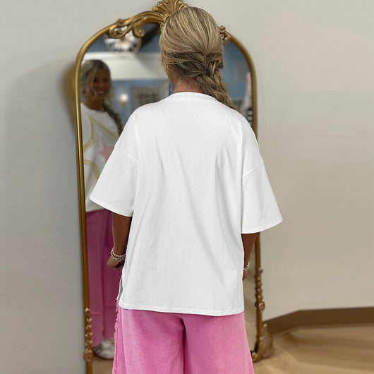 Blusa Suelta Versátil con Parches - Manga Corta Estilo Europeo y Americano - Image 4