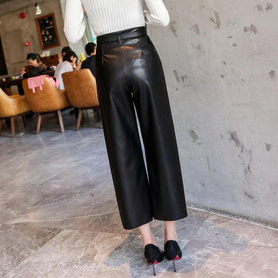 Pantalones de Cuero Sintético para Mujer Cintura Alta con Cinturón Primavera - Image 3