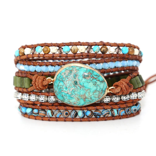 Pulsera Bohemia Turquesa Tejida a Mano en Cuero - Multicapas Artesanal