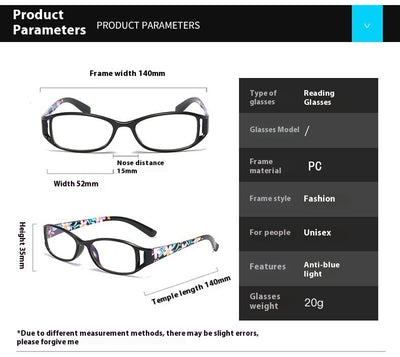 Women's lightweight fashion reading glasses with a red frame and colorful floral print temples. - Image 7