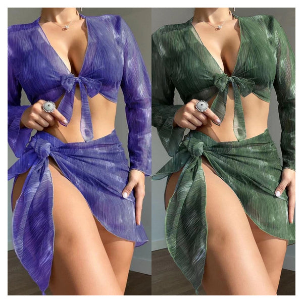 Conjunto de Bikini 4 Piezas con Manga Larga Dividido para Mujer