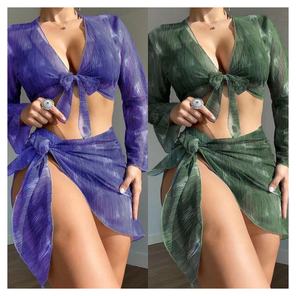 Conjunto de Bikini 4 Piezas con Manga Larga Dividido para Mujer