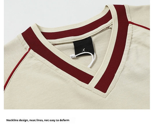 Men's khaki and red color contrast patchwork t-shirt with short raglan sleeves and a V-neck. - Image 10