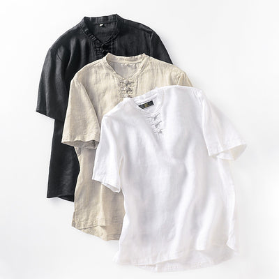 Blusa Lino Cuello Mao Manga Corta Estilo Asiático