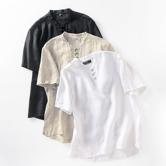Blusa Lino Cuello Mao Manga Corta Estilo Asiático
