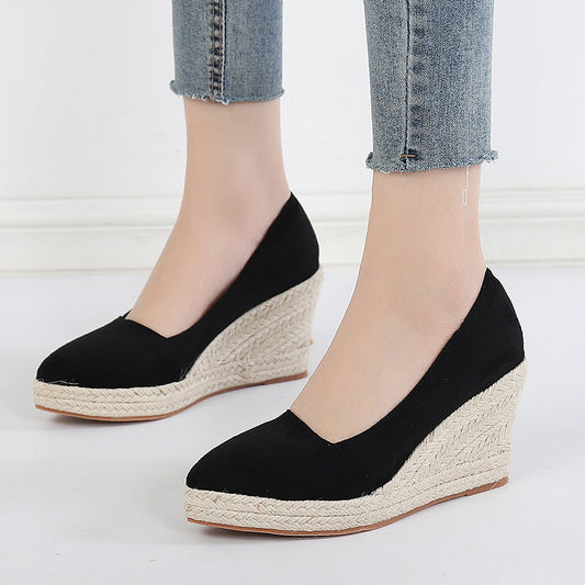 Zapatos de Tacón Alto Plataforma Punta Fina con Tejido de Paja y Tacón Grueso