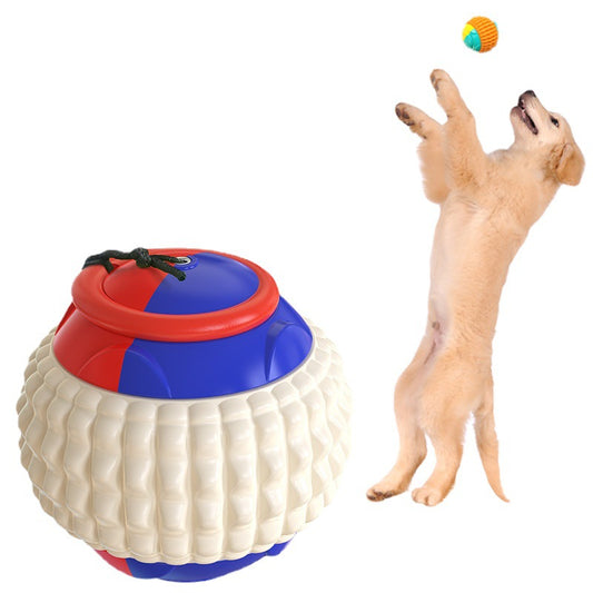 Blue, red, and beige plastic dog toy ball with a textured surface and black rope, next to a golden retriever puppy.
