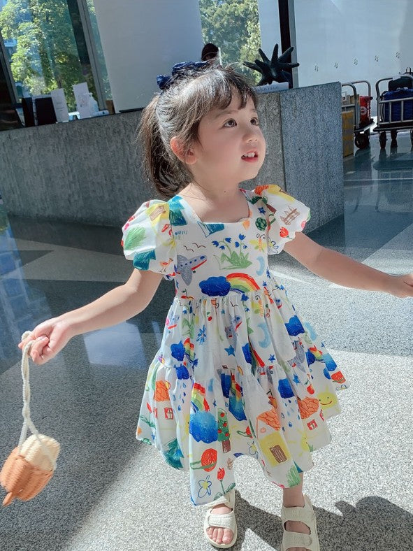Vestido Infantil Estilo Coreano con Mangas Abullonadas y Falda Colorida
