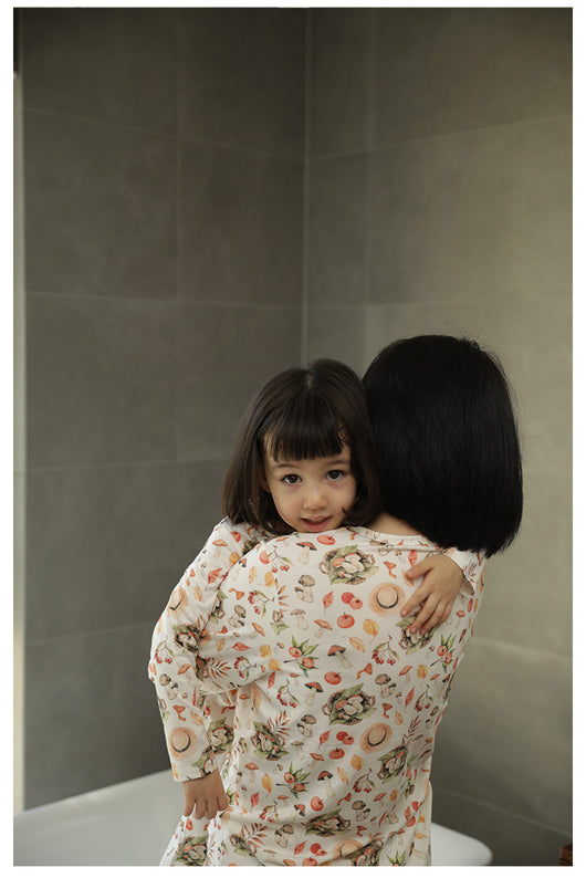 Bamboo cotton knitted parent-child pajama set with a pumpkin print long-sleeve top and solid light blue-grey pants. - Image 30