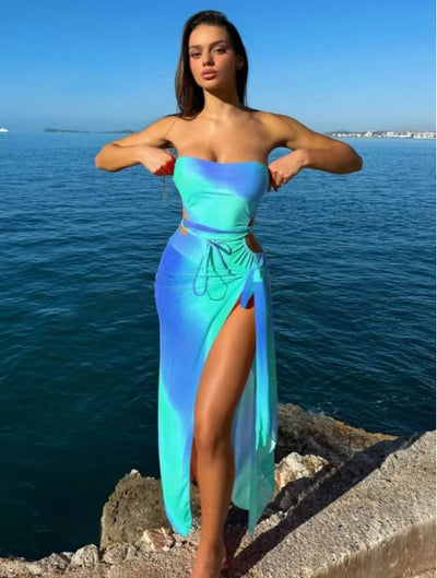 Blue ombre one-piece swimsuit with side cutouts and a matching blue ombre sarong with tie closure. - Image 33