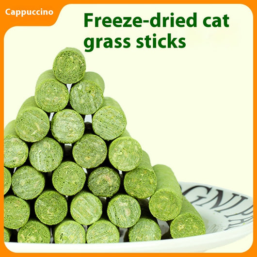 Clear plastic container of green freeze-dried cat grass chicken stick treats with a label featuring a grey cat. - Image 4