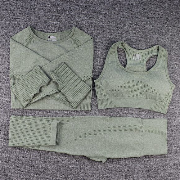 Conjunto Deportivo 3 Piezas: Top Manga Larga, Sostén y Pantalones para Yoga