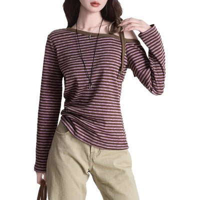 Blusa Slim Rayas Moradas con Hombros Descubiertos Manga Larga - Image 5