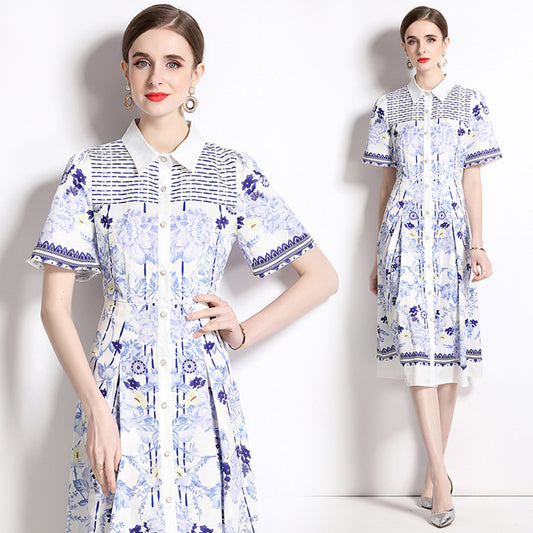 Vestido Estampado Cuello Slim Manga Corta Largo Medio
