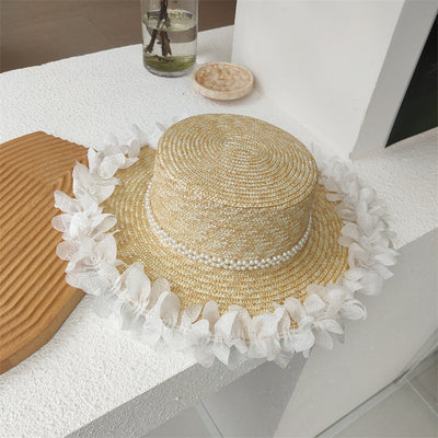 Sombrero de Paja Plano con Encaje de Perlas para Mujer - Image 4