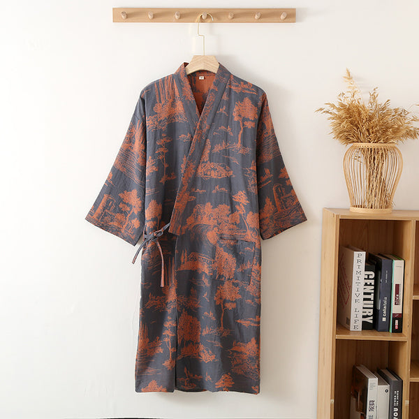 Bata Kimono Larga de Gasa de Algodón para Hombre - Image 3