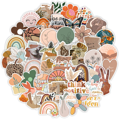 A large collection of bohemian-style stickers featuring rainbows, flowers, animals, and inspirational quotes like "be a kind human" and "choose happy." - Image 4