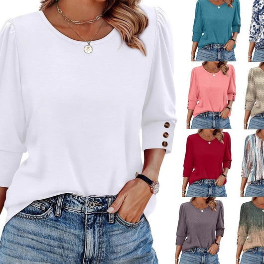 Blusa Elegante Estampada con Botones y Mangas 3/4 Cuello Redondo