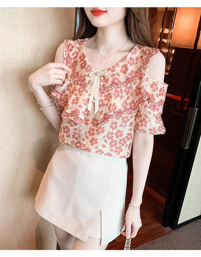 Blusa Chiffon Floral Hombro Descubierto - Camisa Romántica de Manga Corta - Image 15