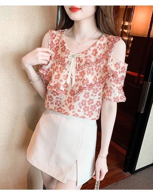 Blusa Chiffon Floral Hombro Descubierto - Camisa Romántica de Manga Corta - Image 15