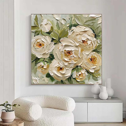 Cuadro Abstracto Óleo sobre Lienzo - Arte Moderno Flores y Hojas Verdes para Decoración del Hogar