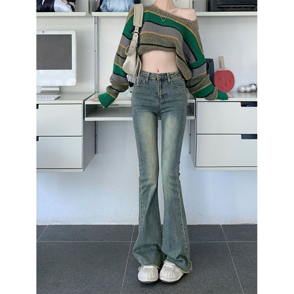 Jeans Retro Talle Alto con Basta Cruda y Corte Acampanado para Mujer