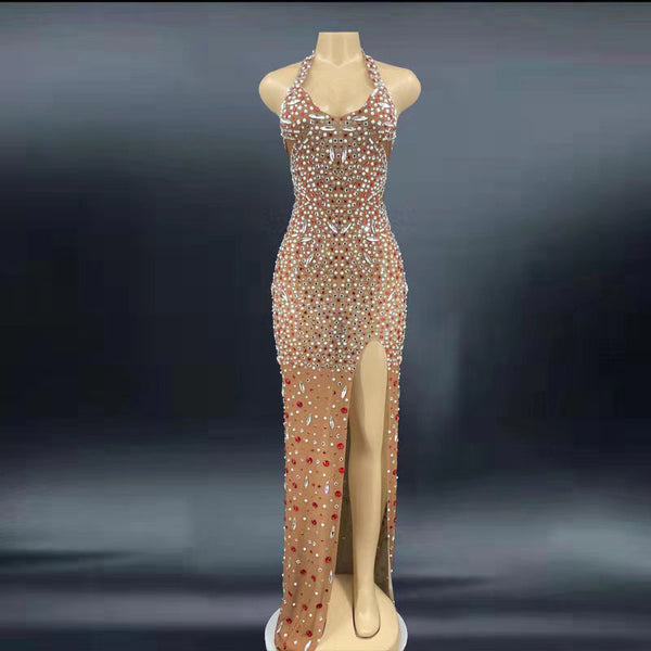 Vestido de Gala Escote Espalda Descubierta con Cristales y Brillantes