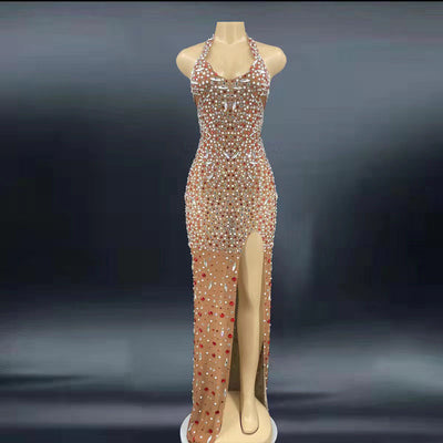 Vestido de Gala Escote Espalda Descubierta con Cristales y Brillantes