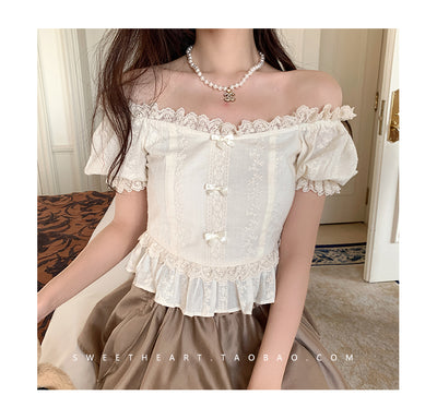 Blusa Elegante con Lazo Bordado y Encaje - Manga Corta Verano - Image 5
