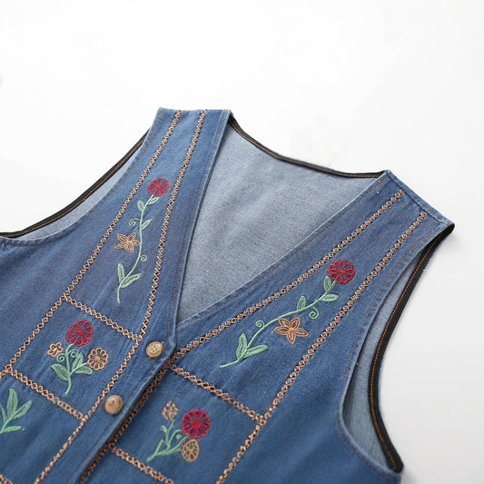Chaleco Denim Bordado Étnico Cuello V Reforzado - Image 2