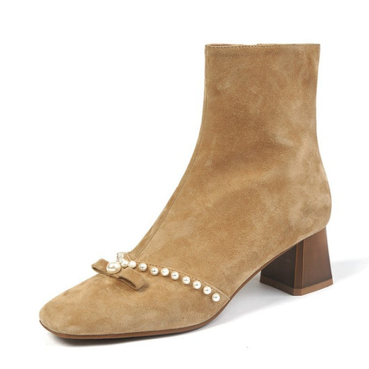 Botas Cortas con Tacón Medio, Punta Redonda y Moño de Perlas - Image 11