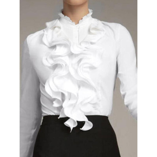 Blusa Clásica de Botones con Volantes y Colores Sólidos - Image 2
