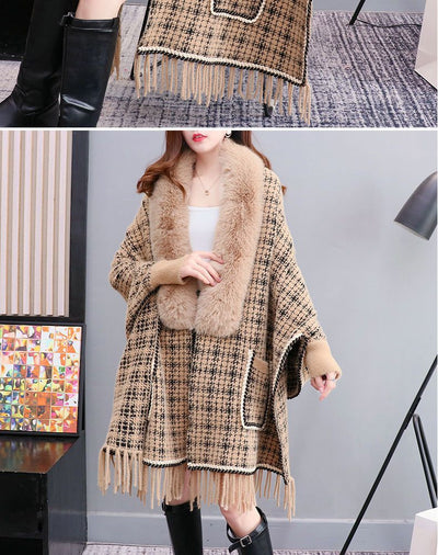 Poncho Cárdigan de Invierno con Cuello de Pelaje Sintético y Borlas - Talla Grande - Image 14