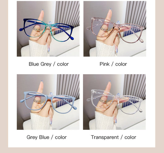 Black full-frame round anti-blue light glasses held by a hand with a gold ring and light blue gradient nails. - Image 17