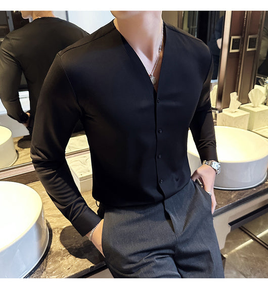 Camisa de Cuello V Manga Larga con Textura Waffle para Hombre - Image 20