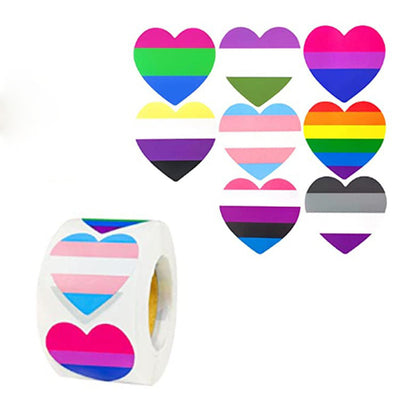 Roll of heart-shaped stickers featuring the Progress Pride flag design with rainbow and chevron stripes. - Image 14