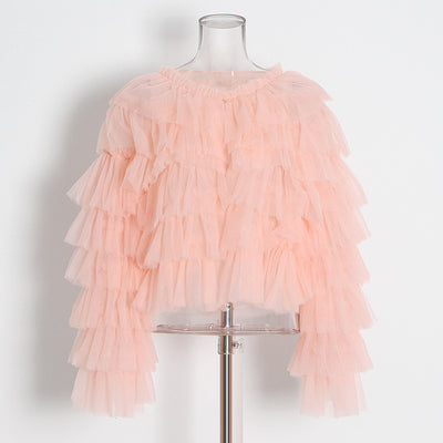 Blusa Mesh de Manga Larga con Cuello Redondo y Volantes Personalizables para Mujer - Image 10